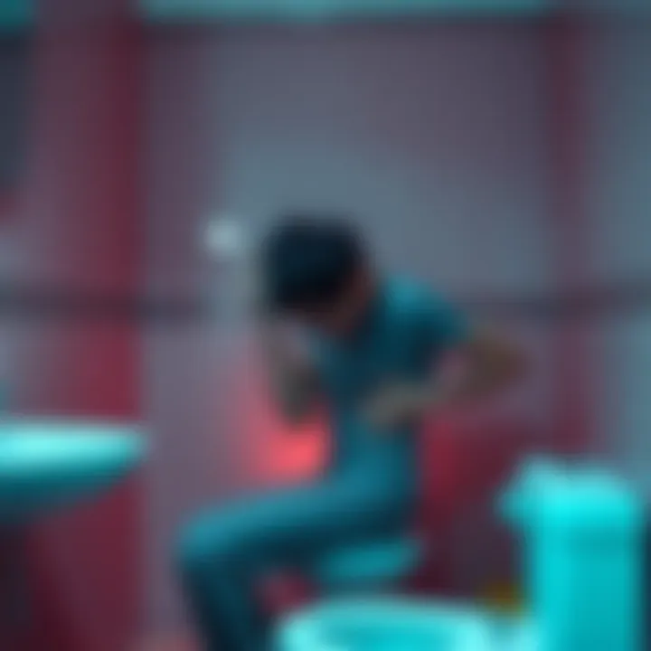 Individual sitting on toilet with pained expression, holding abdomen