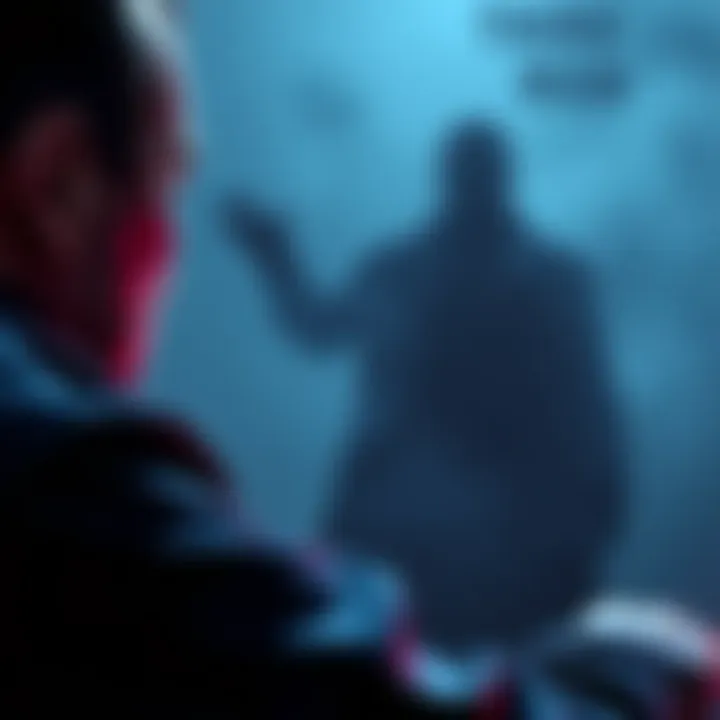A person experiencing stress in a dangerous situation, with a faint shadowy figure appearing beside them as a guiding presence.