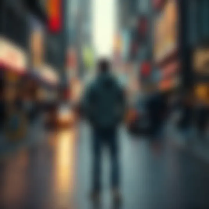 A person stands alone in a busy city street, showing signs of distress as they face judgment from others. Surrounding them are blurred figures representing societal stigma and isolation.