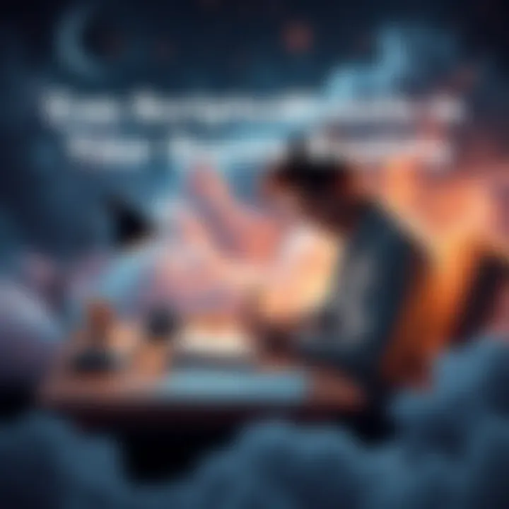 A person sits at a desk, writing in a journal, surrounded by dreamlike elements like stars and clouds