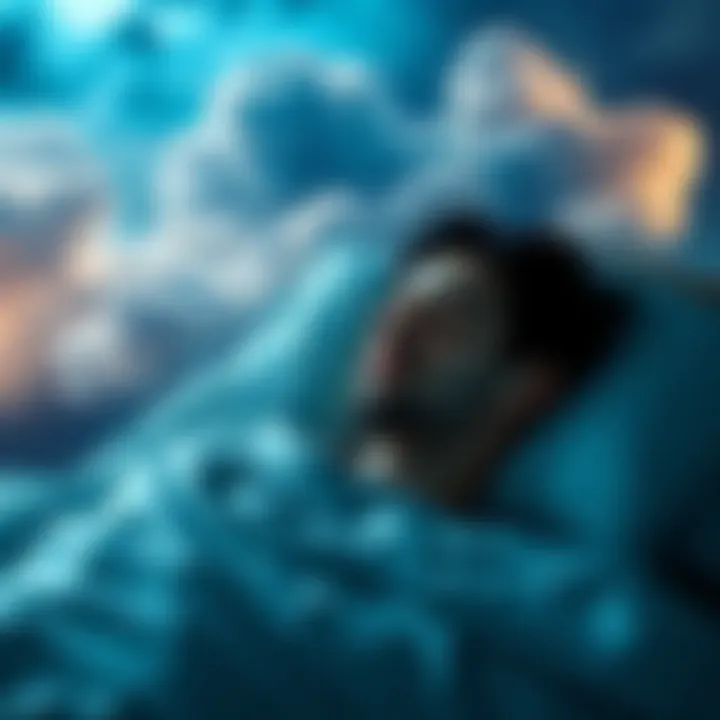 A person asleep in bed with dream clouds showing different life scenarios around them.