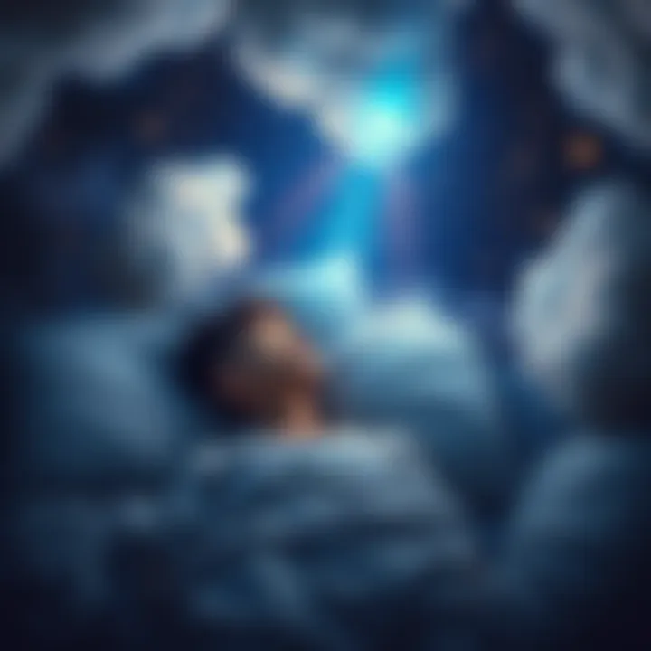 Individual lying in bed with a peaceful expression, surrounded by dream-like clouds and stars, representing the concept of lucid dreaming.