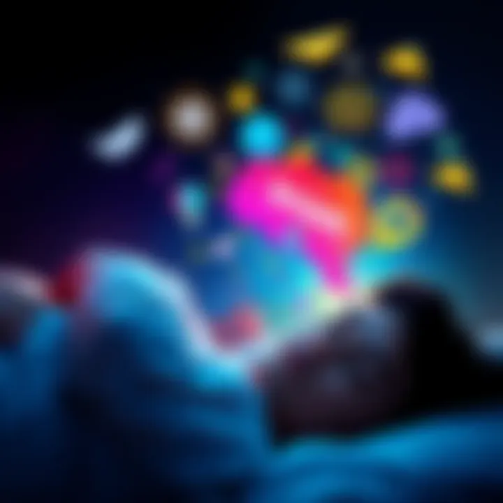 A person sleeping peacefully with colorful dreams illustrated above their head, showing symbols of creativity and problem-solving