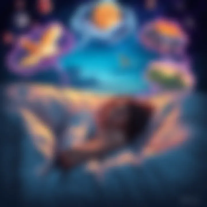 A person sleeping peacefully on a bed with thought bubbles showing strange dream imagery, like flying and colorful landscapes.