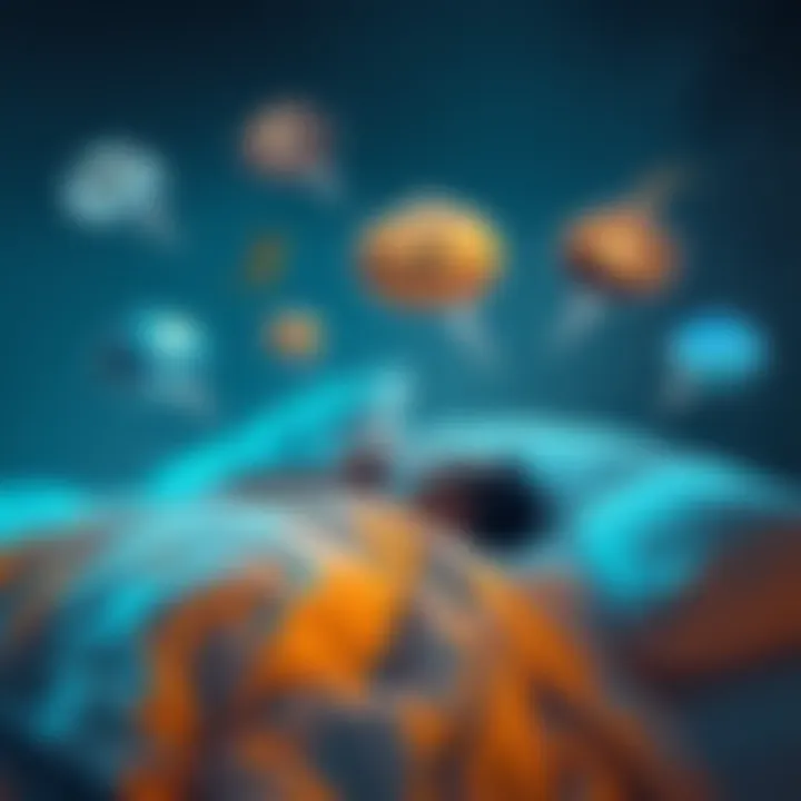 A person lying in bed with thought bubbles representing dreams, showing various dream scenes like flying and running.
