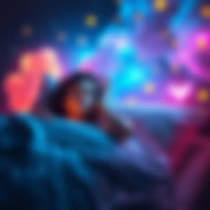 A person lying in bed with a peaceful expression, surrounded by colorful dream symbols like clouds and stars, representing lucid dreaming.
