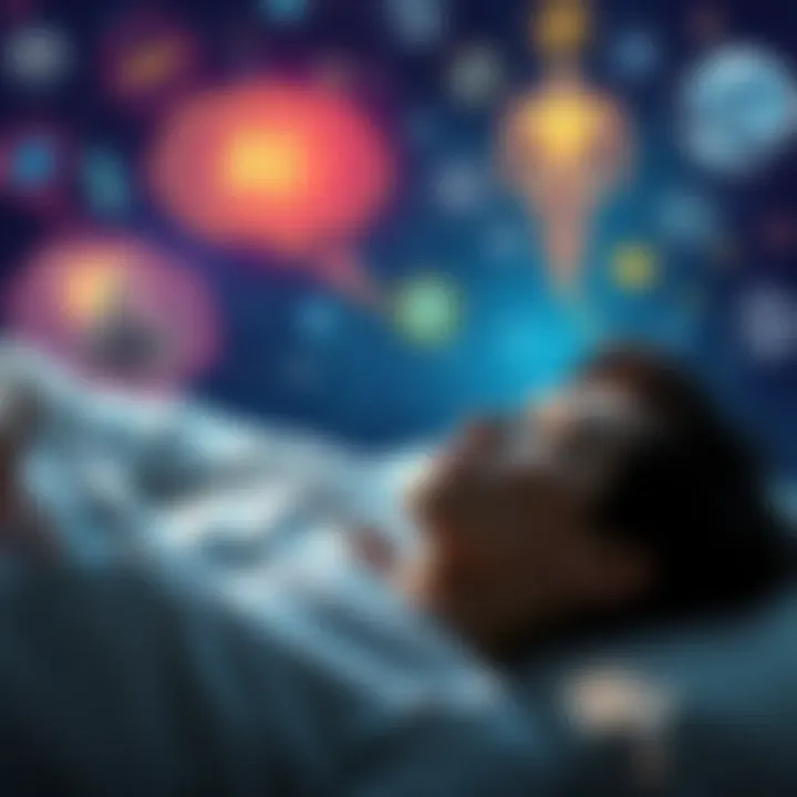 A person sleeping with thought bubbles showing robots and technology