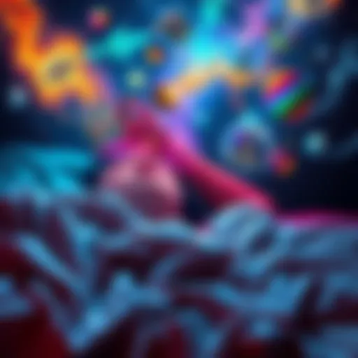 A person lying in bed with vivid, colorful dream scenes floating around them; showing different realities and dimensions.