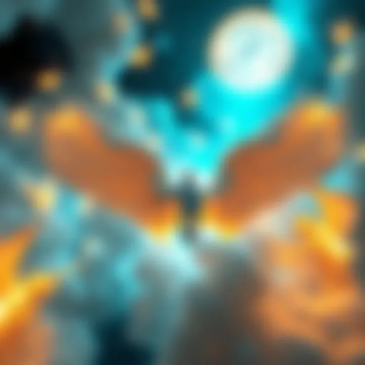 A person floating in a dreamlike state surrounded by glowing angels, with a surreal background representing a time loop.