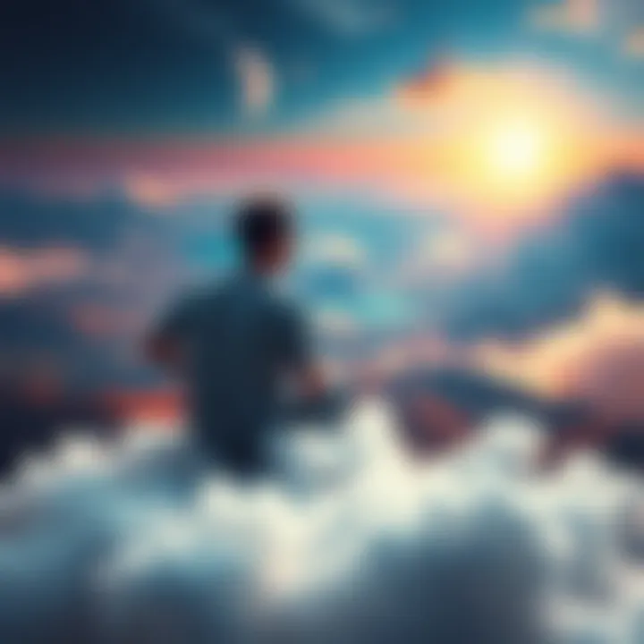 Person Dreaming of a Better World A person sitting on a cloud, gazing at vibrant, dreamy landscapes, representing escapism and alternative realities.