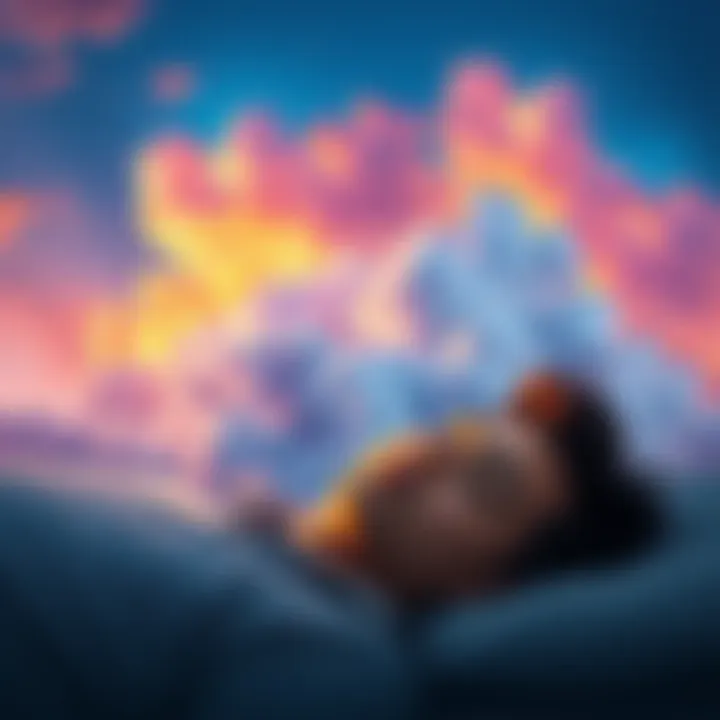 A person sleeping peacefully with vibrant dream clouds above their head, symbolizing lucid dreaming.
