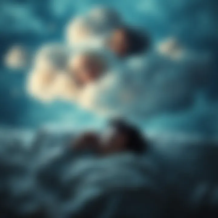 A person lies in bed, gazing thoughtfully at a dream cloud filled with images of someone they feel connected to. The scene captures a sense of longing and introspection.