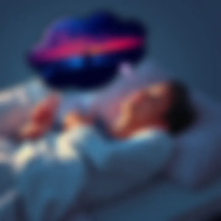 A person lying in bed, eyes closed, with a thought bubble showing their significant other and a beautiful landscape