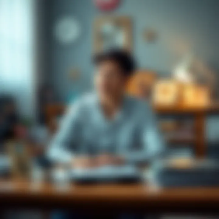 A young person sitting at a desk looking hopeful, surrounded by family pictures and work items, symbolizing a desire for marriage and career stability