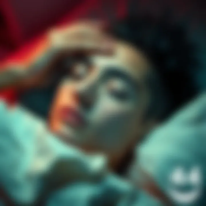 Person dreaming with focus on eyebrows A person lying in bed with closed eyes, concentrating on their eyebrows to enhance dream clarity