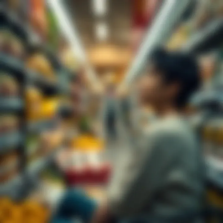 A thoughtful person sitting in a grocery store aisle, looking contemplative about the abundance of food options around them, wishing for a life without the need for food.