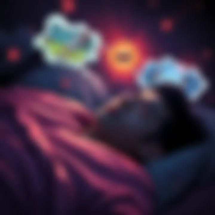 A person sleeping peacefully, with dream bubbles showing sports games and family surprises in thought clouds.