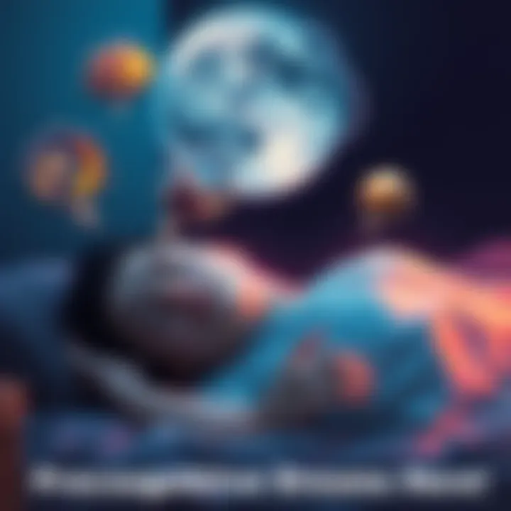 A person sleeping peacefully with thought bubbles showing scenes from dreams that predict future events.