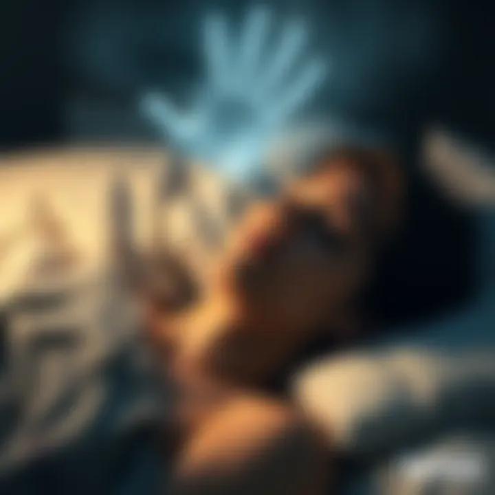 Person dreaming of a lost friend A person lying in bed with eyes closed, looking peaceful, while a faint image of a smiling friend hovers above them in a dreamlike scene.
