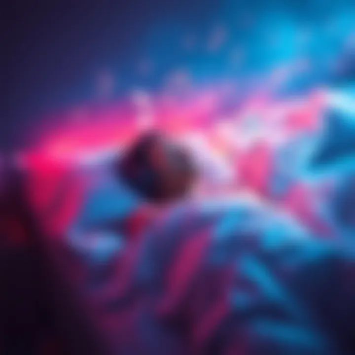 A person lying in bed with headphones on, surrounded by soft colors and gentle music notes floating around them, representing a peaceful lucid dream.