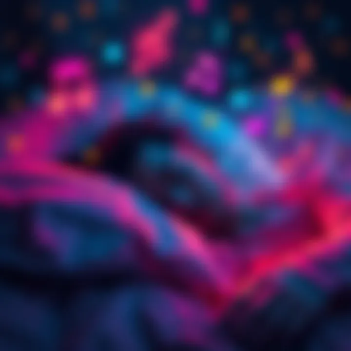 Individual sleeping with colorful music notes floating around, symbolizing the influence of different music genres on dreams