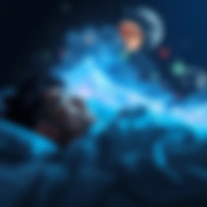 A person lying in bed with closed eyes, surrounded by floating images representing dreams, like clouds and stars.