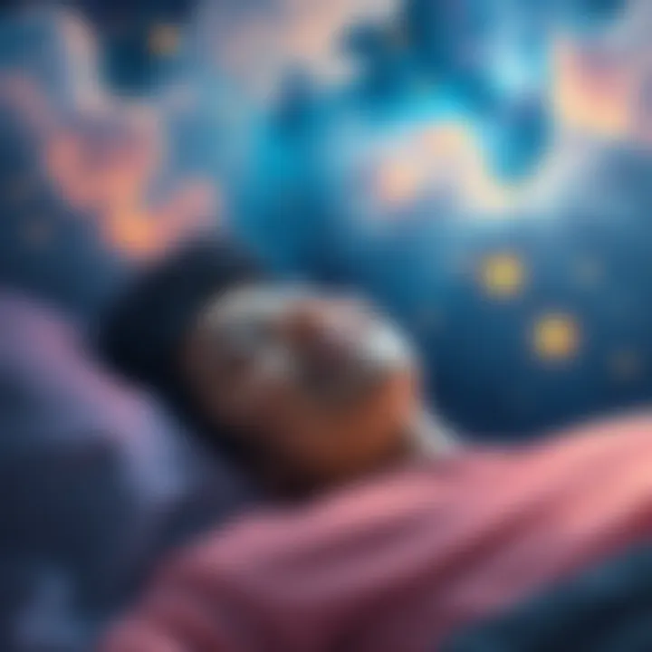 A young person smiling while sleeping, surrounded by colorful dream-like clouds and stars, representing creativity and confidence in lucid dreaming