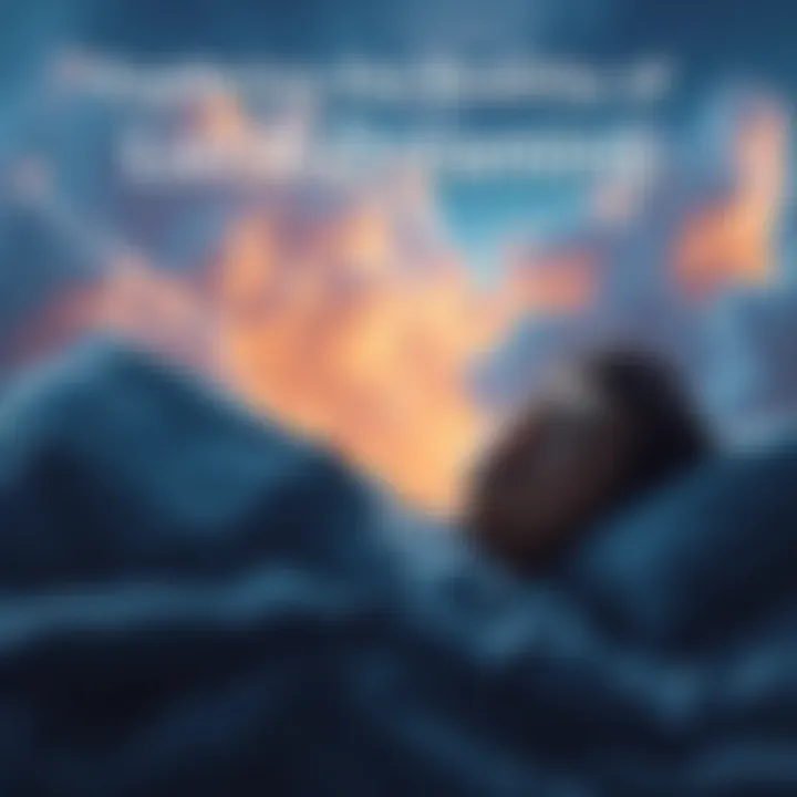 Person dreaming peacefully A person sleeping in bed with a calm expression, surrounded by dreamlike clouds and soft colors, symbolizing lucid dreaming.