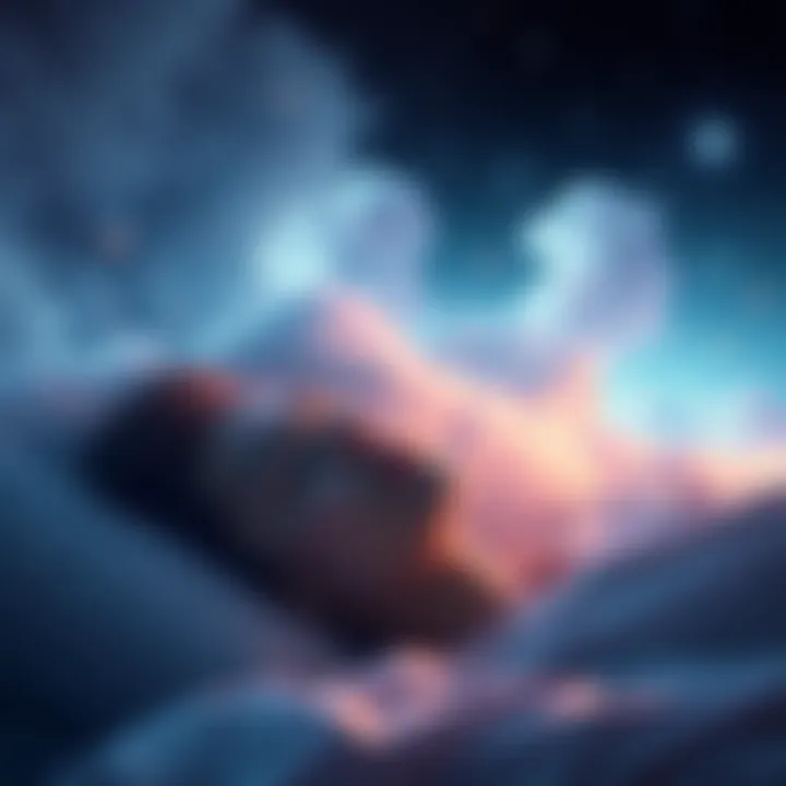 A person sleeping with a calm expression, surrounded by dreamlike clouds and stars, representing lucid dreaming and relaxation.