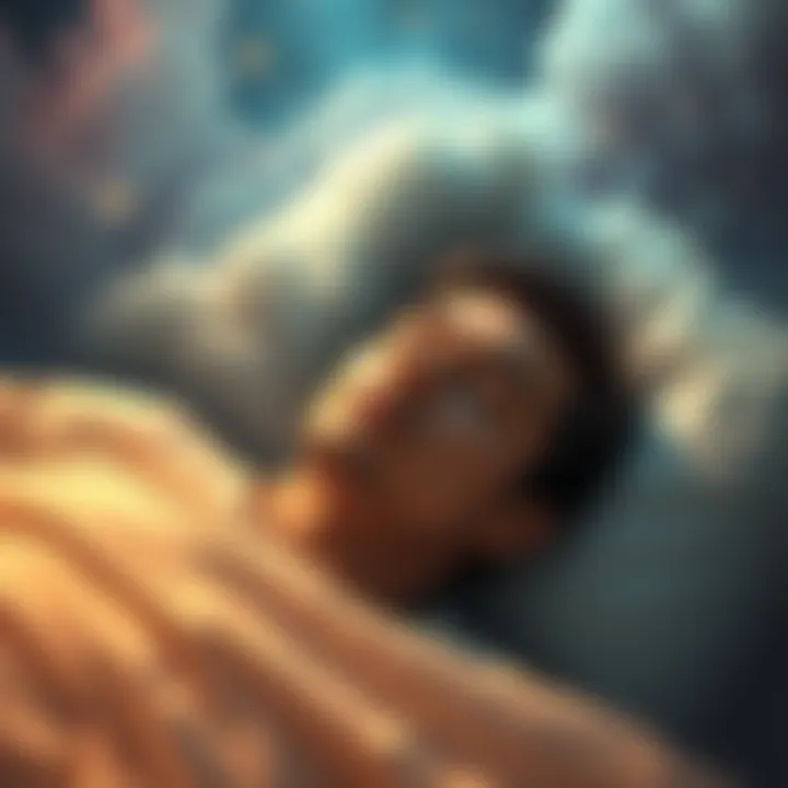 A person lying in bed with a calm expression, surrounded by dream-like clouds and stars