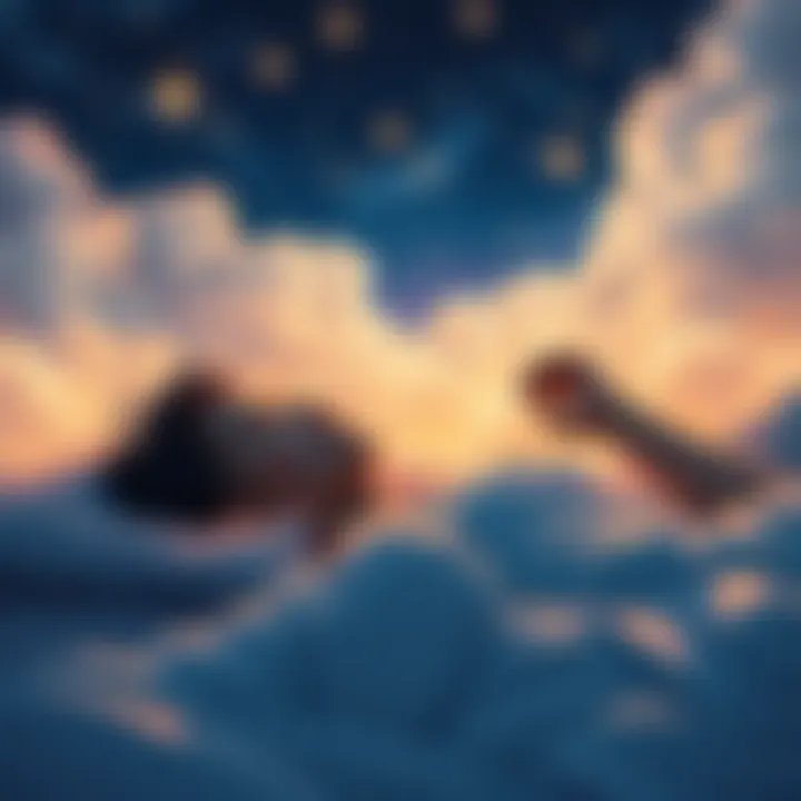 A person lying in bed with a calm expression, surrounded by dreamy clouds and stars, symbolizing a transition from observer to participant in a dream.