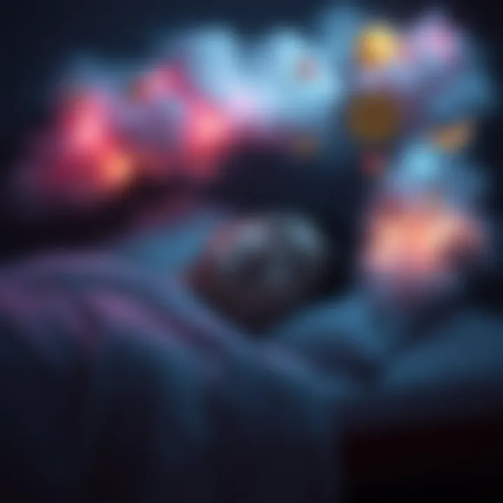 A person lying in bed with a calm expression, surrounded by soft clouds symbolizing dreams, while colorful images of pleasure and taste float around them, indicating a dream without pain.