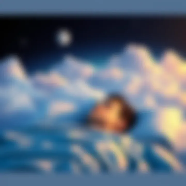 A person lying in bed with eyes closed, surrounded by a dreamy cloud background representing lucid dreaming, with stars and a moon above.