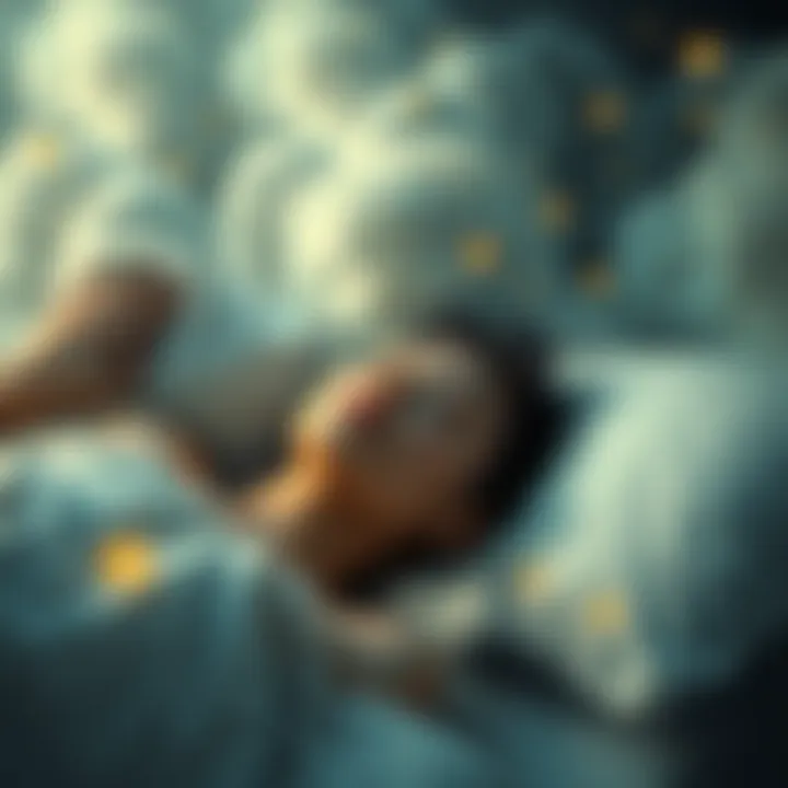 A person lying in bed with a serene expression, surrounded by soft clouds and stars, symbolizing lucid dreaming and control in dreams.