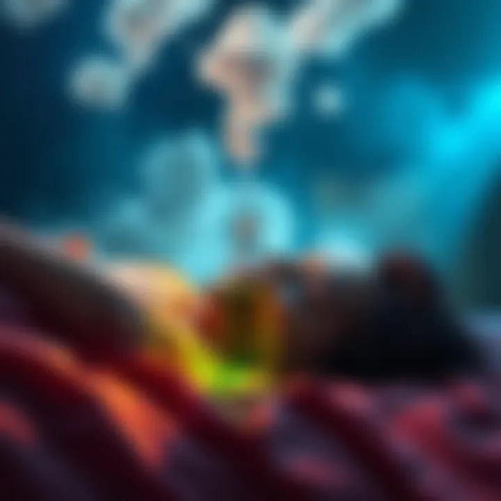 Person dreaming about poppers A person sleeping peacefully with dream clouds above their head, featuring a glass bottle symbolizing poppers.