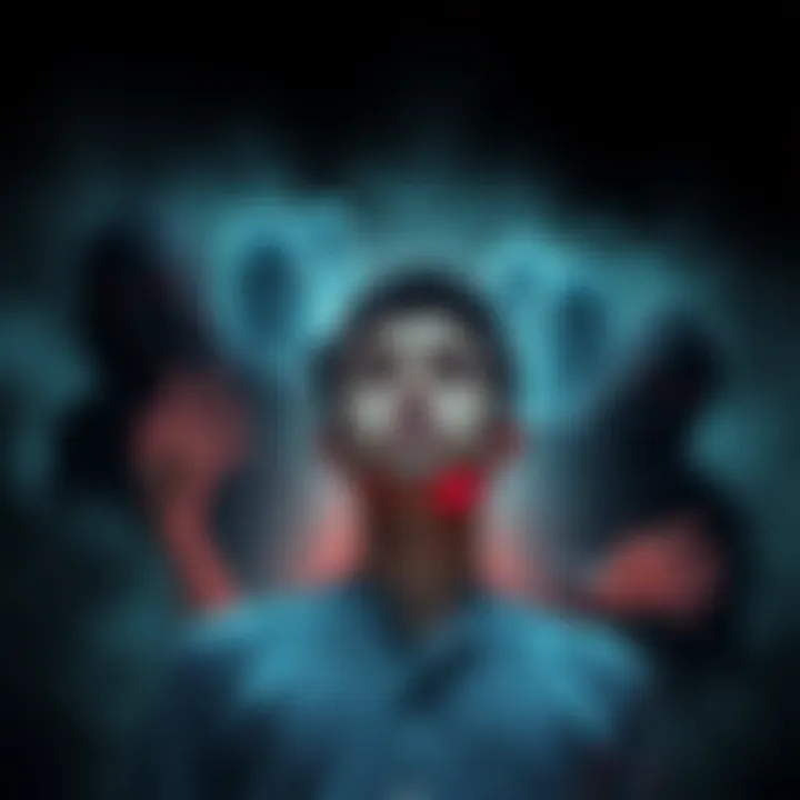 A person appears lost in a dream, looking anxious and helpless as shadowy figures loom in the background, representing fears and dangers.