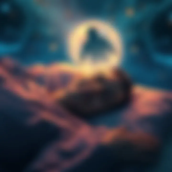 A person sleeping peacefully with a faint glow around their head representing dreams, while a shadowy figure looms suggesting pain in a dream.