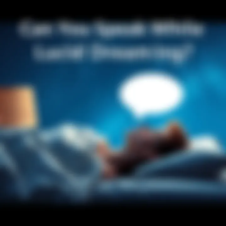 Person dreaming with speech bubble A person lying in bed with a thought bubble showing them speaking in a dream. The scene conveys a blend of sleep and consciousness, set against a night sky with stars.