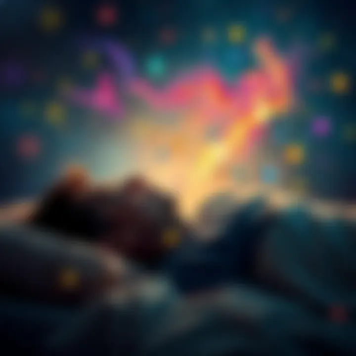 A person sleeping with colorful dream symbols floating above, representing thoughts of prophecy and insight