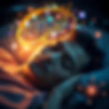 A person sleeping with digital elements swirling around their head, symbolizing thoughts enhanced by AI technology.