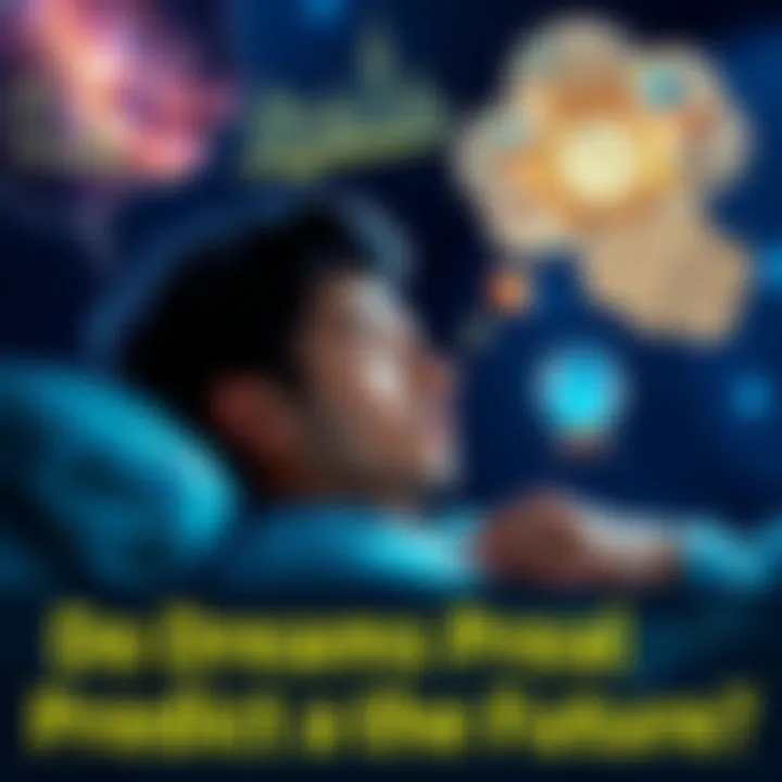 A person sleeping with thought bubbles showing symbols of dreams like a clock and a crystal ball