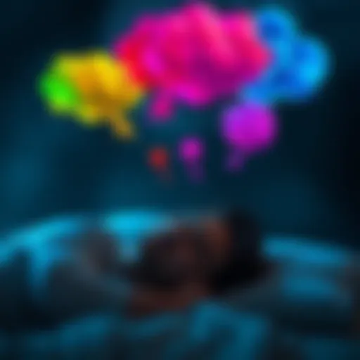 A person sleeping with colorful thought bubbles representing dreams above their head