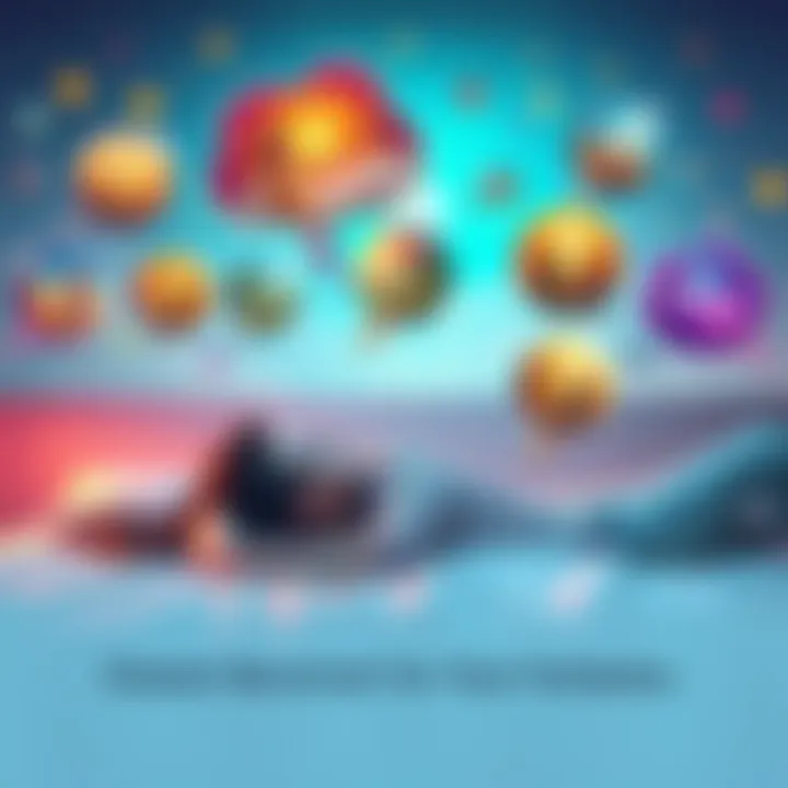Person dreaming with vibrant thought bubbles A person lying in bed with colorful dream-like bubbles above their head, depicting various imaginative scenes and dreams, evoking a sense of wonder and creativity.