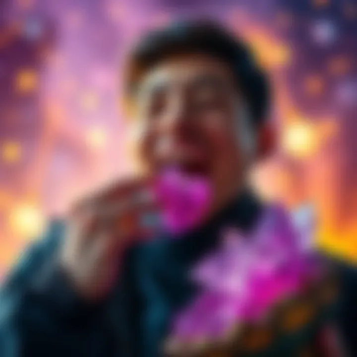 A person happily eating shiny amethyst crystals with gold around them, representing dreams of wealth and meaning