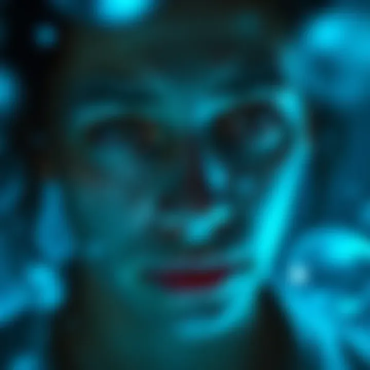 Person with emotional expression A person with tears in their eyes, looking contemplative and emotional, surrounded by soft blue tones symbolizing the Pisces sign.
