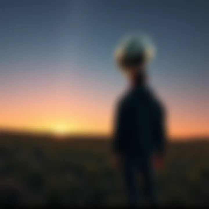 A person stands in a field, gazing up at a tall alien with a shiny head and large black eyes under a starry sky.