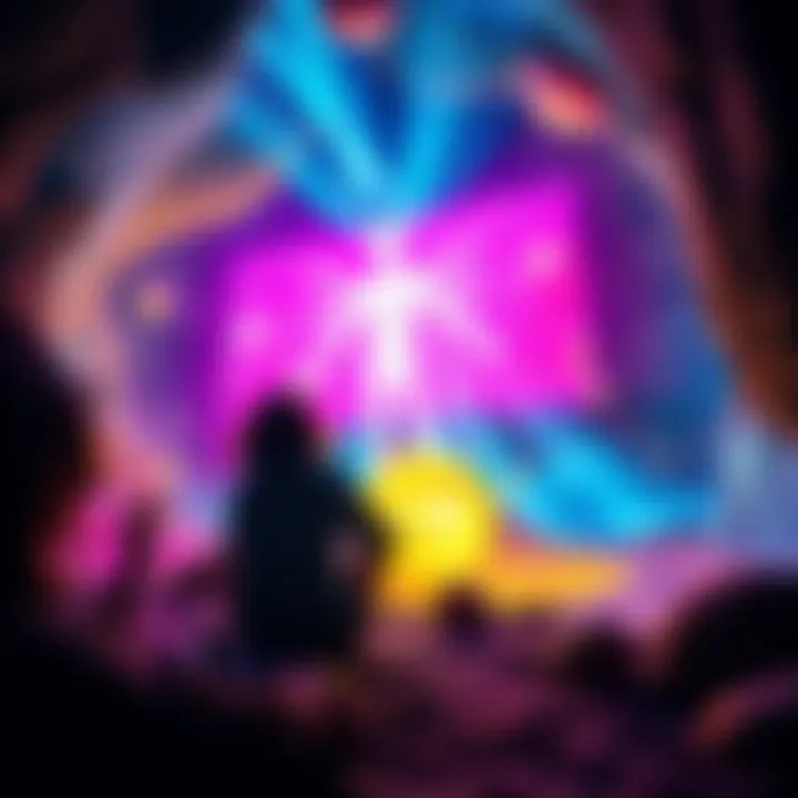 A person sits in a colorful, surreal setting, interacting with a glowing entity that radiates cosmic energy and warmth, expressing feelings of sadness and transformation.
