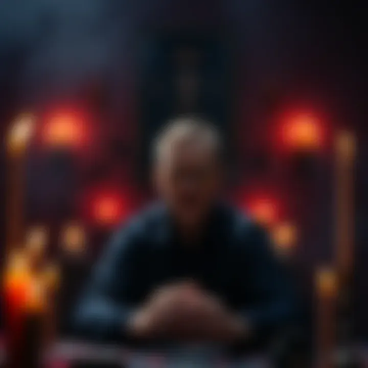 A person performing a ritual in a dimly lit room, surrounded by candles and symbols, looking frustrated while attempting to communicate with invisible entities.