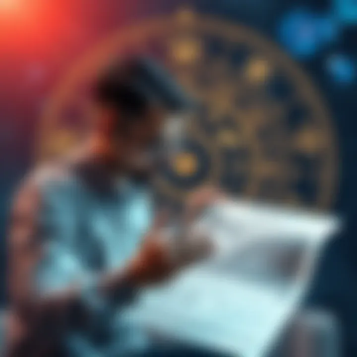 A person studying their natal chart with astrological symbols and constellations around them