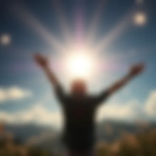 A person with their arms raised towards a bright light, symbolizing a connection with God, surrounded by a serene nature setting.